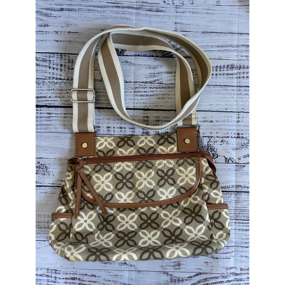 Relic Crossbody Bag‎ Brown Beige Geometric Floral Canvas Adjustable Strap